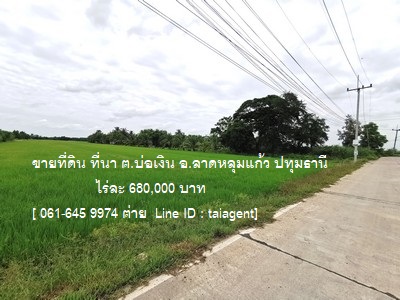 ขายที่ดิน ที่นา ต.บ่อเงิน อ.ลาดหลุมแก้ว ปทุมธานี 26 ไร่ 32 ตรว. ใกล้วัดเจดีย์หอย